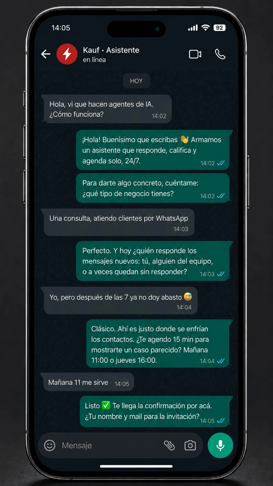 Conversación de WhatsApp donde el agente de IA responde al cliente y agenda una reunión automáticamente